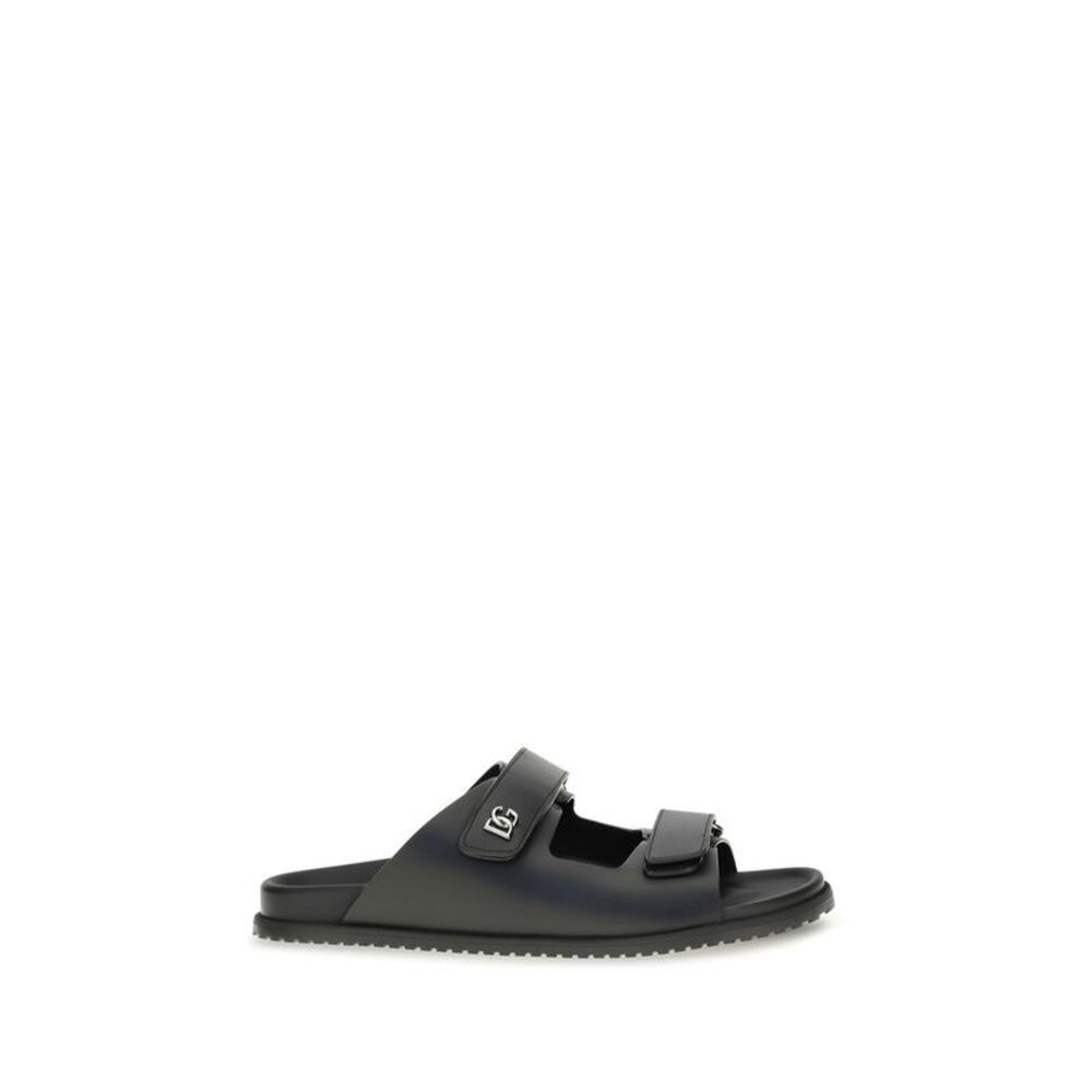 Dolce & Gabbana Black Calf Leather Bos Taurus Flat Men's Sandals